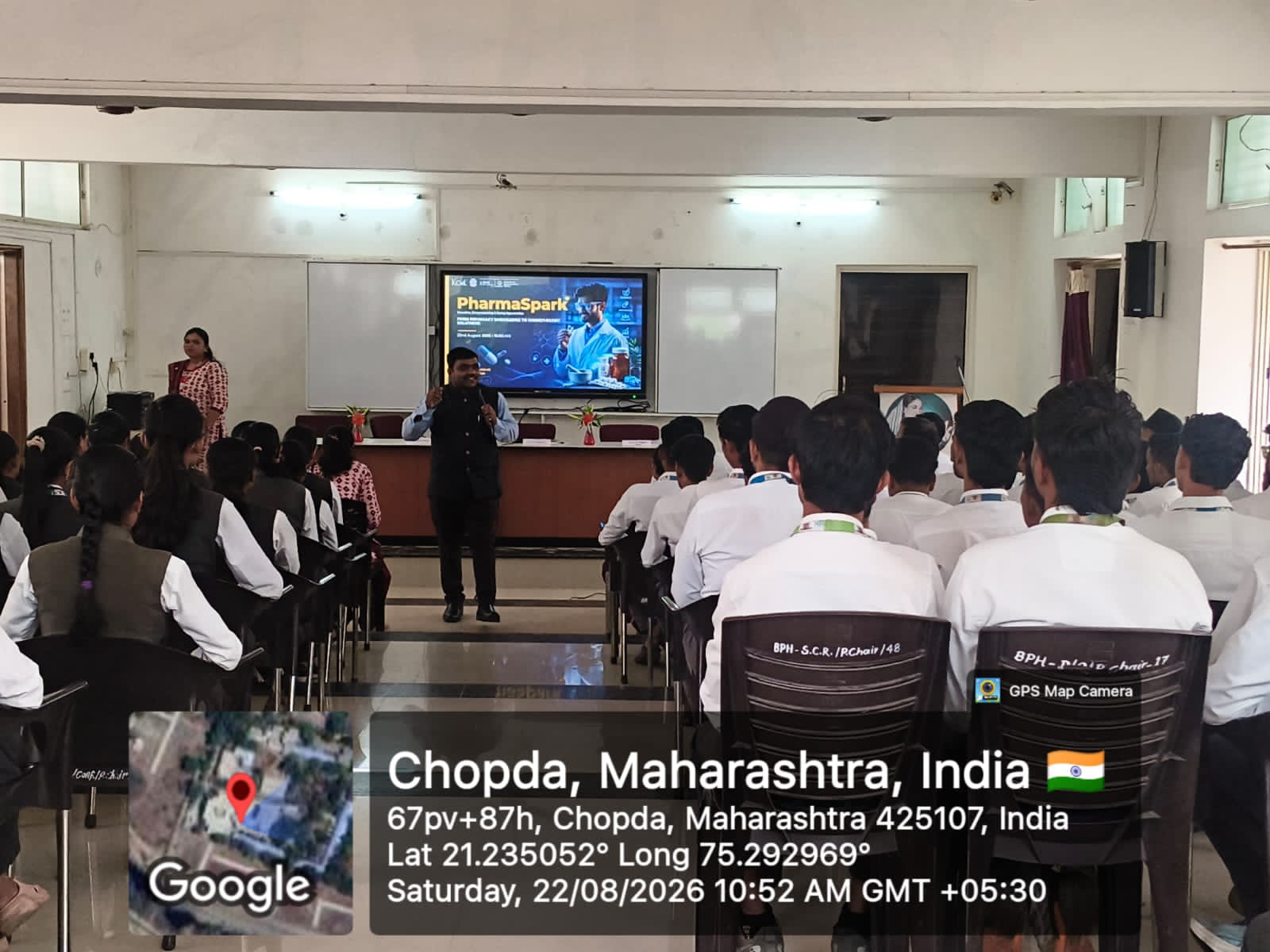 The PHARMA SPARK program on Innovation, Entrepreneurship, and Startup Opportunities was successfully conducted on 22/08/2026 at the Conference Hall, Smt. S.S. Patil College of Pharmacy, Chopda. Organi
